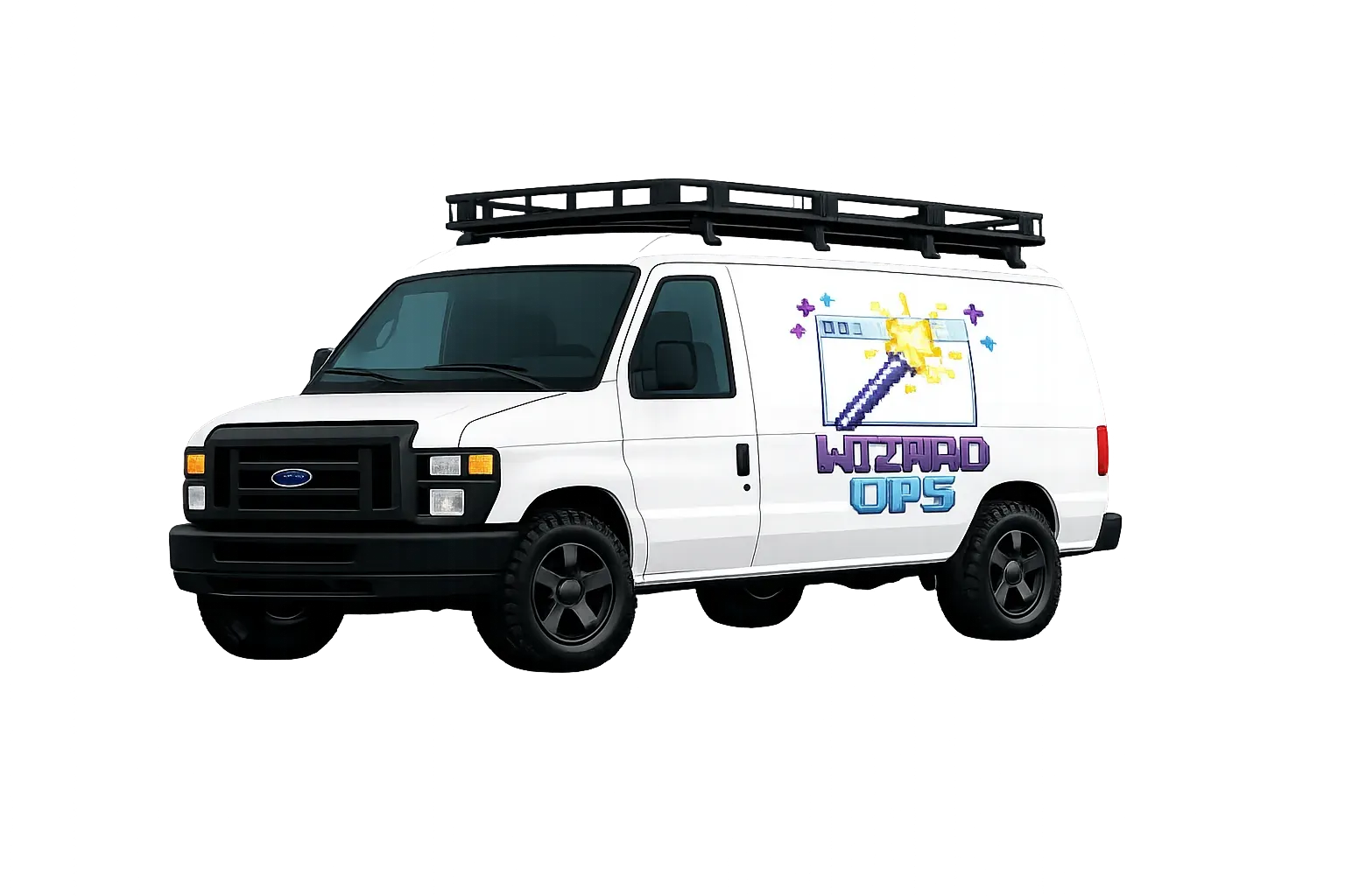 Ford cargo van wrapped in Wizard Ops branding